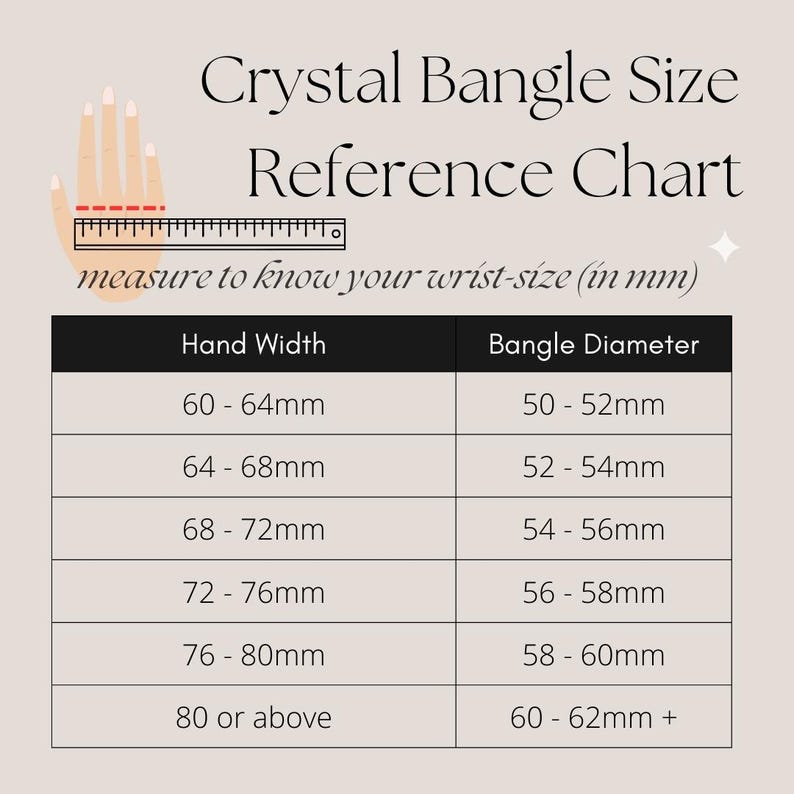 May include: A chart showing bangle sizes in millimetres based on hand width. The chart shows a range of hand widths from 60 to 80 millimetres or above, with corresponding bangle diameters from 50 to 62 millimetres.
