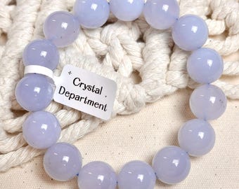 100% Natural Blue Chalcedony Bracelet 14mm Healing Summer Crystal Bracelet Blue Agate Gift for Her Gemmy Balance | Crystal Department