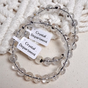Grade A Herkimer Diamond Quartz w/ Anthraxolite 9mm Round Beaded Bracelet Gemstone Birthstone Bracelet | Crystal Department Gift For Him
