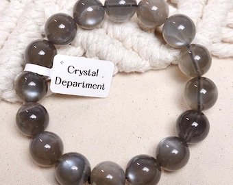 Natural Grade A ＊ Grey Moonstone 13mm+ Bracelet Black Moonstone Silver Flash Moonstone Crystal Bracelet  | Crystal Department (Gift for Her)