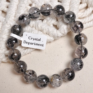 Grade A Herkimer Diamond Quartz 13mm Beaded Bracelet Genuine Gemstone Anthraxolite Included Bracelet | Crystal Department (Gift For Him)