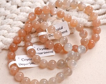 Pink Moonstone 8-9mm Bracelet Ombre Peach Flake Feldspar Bracelet Boho Healing Flashy Peach Moonstone Gift for Her | Crystal Department
