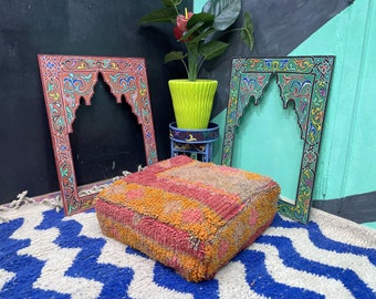 Beni Ourain Square Pouf, Moroccan Kilim Pouf, Floor Pouf, Vintage Moroccan Ottoman, Yoga Meditation Cushion, Outdoor Red Kilim