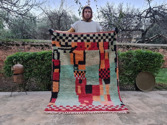 Gift for Mom! Washable Moroccan Wool Rug – Blue & Red Area Carpet – Outdoor/Indoor Floor Rug – Custom 5x7, 6x9, 9x12 Sizes