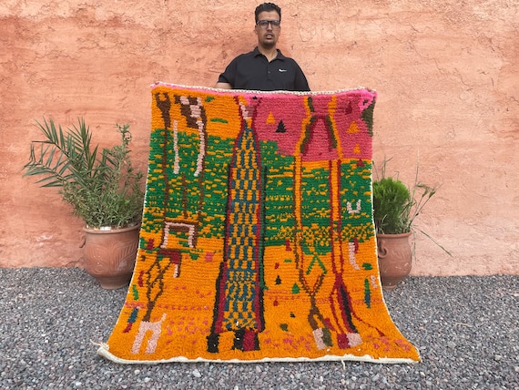 Boujaad Checkerboard Moroccan Orange Rugs - Farmhouse Shaggy Berber Wool Handmade Rug - Funny Couple Wedding Personalized Gifts
