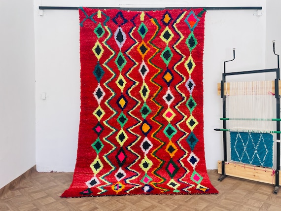 Red Moroccan Wool Rug, Handmade Vintage Area Rug, Large Bedroom Tapis en Laine, Home Decor