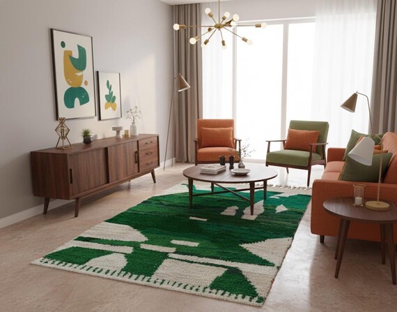 Green & White Wool Berber Rug, Abstract Design, Handwoven Moroccan Rug
