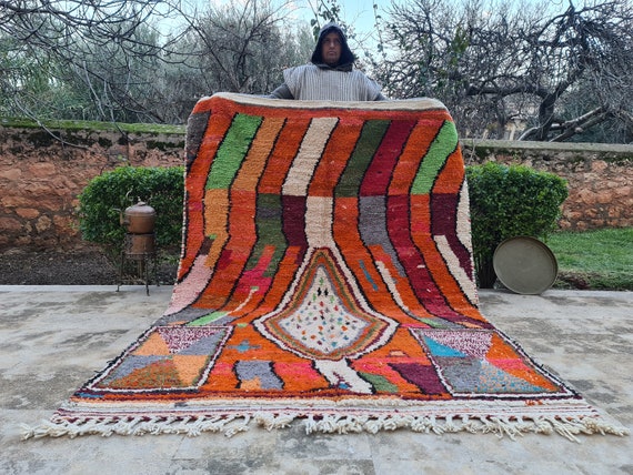 Vivid Charm! Handmade Orange Moroccan Boujaad Rug – Wool Geometric Tufted Area Rug 10x12 – Berber Carpet for Living Room Décor