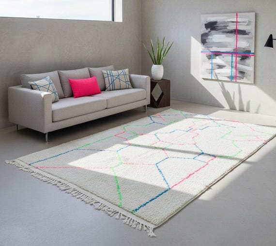 Custom Size Available | Neon Pink Green Blue Geometric Pattern | Wool Berber Rug