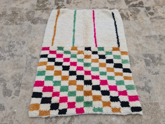 Handmade Checkerboard Berber Rug: Pink, Green, and Mustard Moroccan Carpet