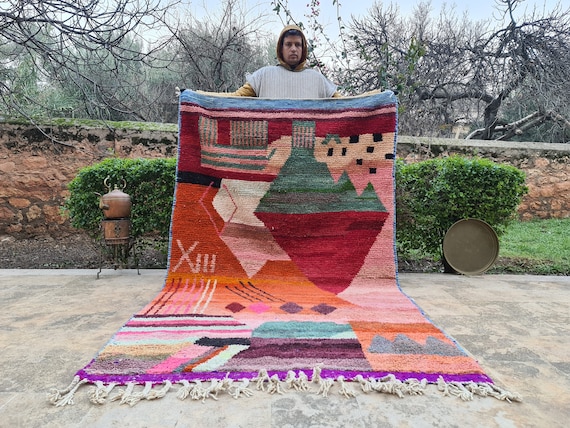 Bold & Irregular! Handmade Moroccan Rug 9x12 – Asymmetrical Pink Orange Area Carpet – Aesthetic Aztec-Inspired Vintage Rug