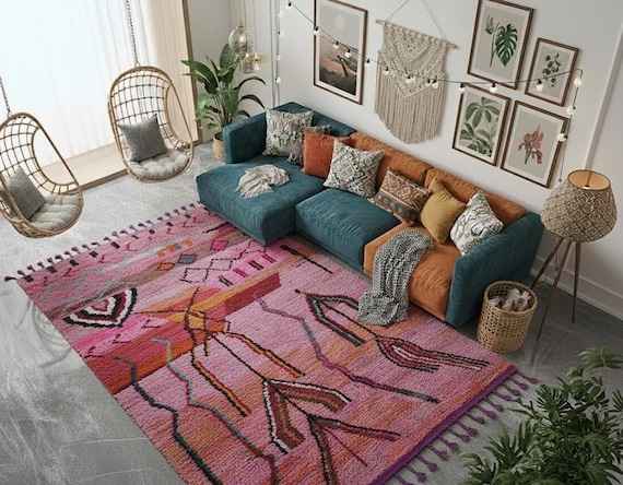 Handwoven Pink Moroccan Berber Rug: Boujaad Wool Area Rug