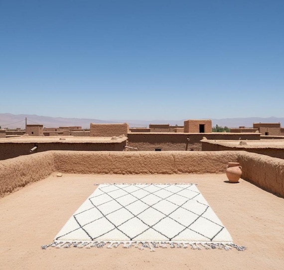 Modern Black & White Diamond Beni Rug, 8x10 High-Pile Wool Area Rug for Bedroom, Custom Look