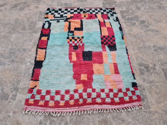 Handmade Checkerboard Wool Rug: Modern Berber Boho Decor