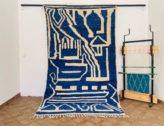 Custom Fluffy Rug Blue White, Berber Living Room Rug, Moroccan Bedroom Rug, Wool Area Rug