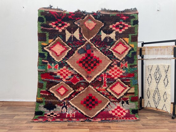 Square Rug - Colorful Bohemian Carpet with Eclectic Designs - Unique Vintage Textured Floor Rug for Modern Boho Home Interior & Trendy Decor