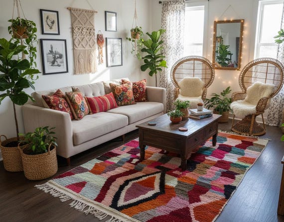 Handmade Wool Boujaad Rug, Colorful Checkered Moroccan Rug