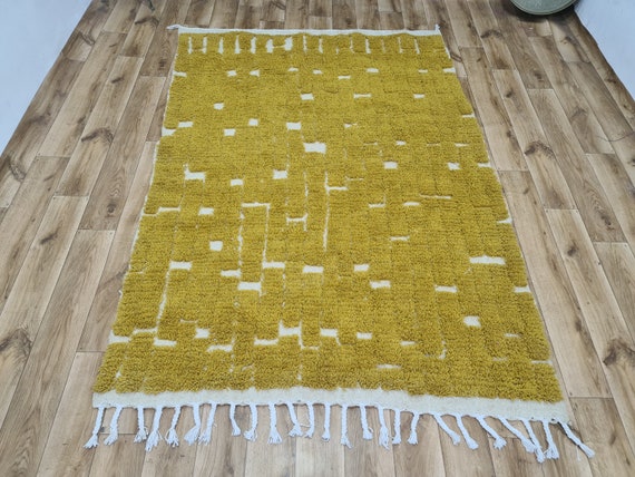 Handmade Mustard Yellow Berber Rug: Modern Geometric Wool Beni Ourain Carpet