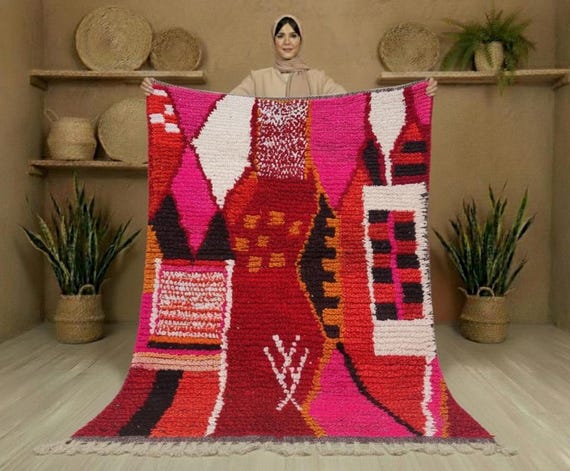 Handmade Pink Wool Rug, Custom Moroccan Boujaad Style