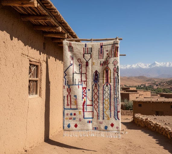 8x10 White Area Rug | Custom Colorful Azilal Moroccan Rug | Sheep Wool Teppiche for Bedroom Decor