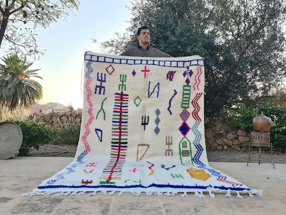 Large Handwoven Berber Rug: Cream Wool, Colorful Tribal Design