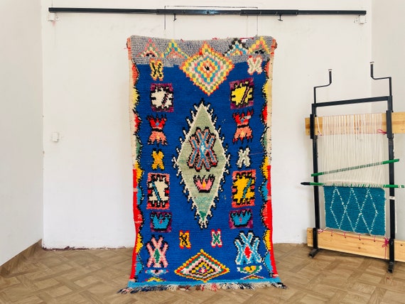 Handmade Moroccan Bohemian Flatweave Rug, Vintage Blue Gifts for Home Decor