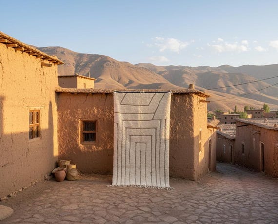 Moroccan Berber Carpet - Custom Abstract Wool Rug | Natural White Beni Ourain