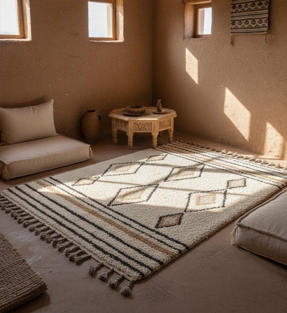 Handwoven Cream Moroccan Rug - Beni Ourain Style Wool Area Rug - Boho Living Room Carpet - Custom Sizes Available