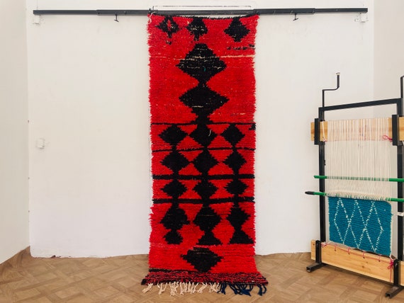 Handmade Vintage Red Runner Rug - Boho Wool Kitchen or Hallway Rug, Antique Style Runner for Home Decor