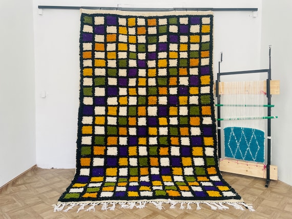 Washable Checkered Area Rug - Multicolor Checkerboard Boho Style Wool Low Pile Carpet for Living Room, Bedroom, Nursery