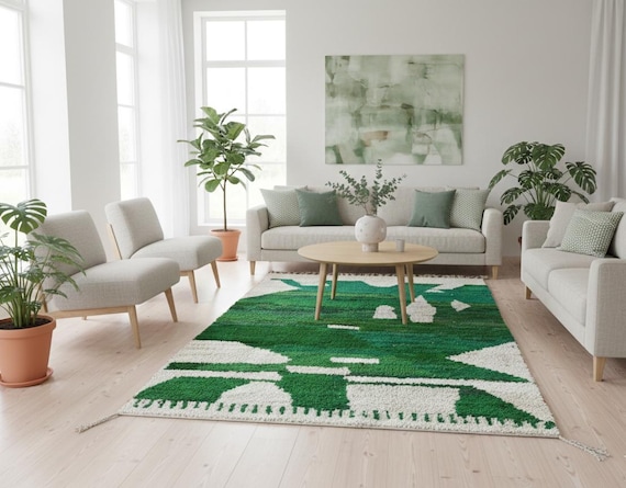 Handwoven Beni Ourain Green Wool Rug, Abstract Berber Design