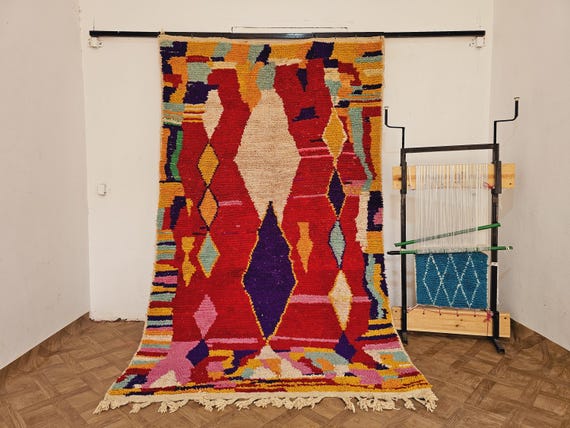 Handwoven Geometric Rug – Colorful Red, Purple, and Yellow Moroccan-Inspired Tapestry