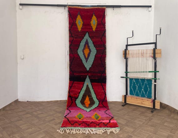 Hand Knotted Wool Runner Rug - Geometric Hallway, Kitchen, Home Decor Rug