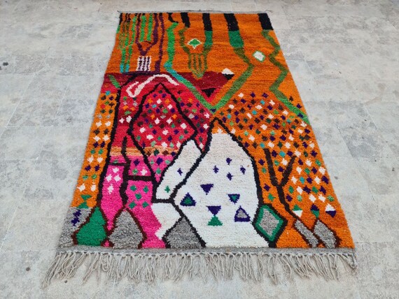 Orange Berber Wool Rug, Handwoven Moroccan Rug, 9x12