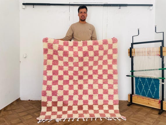 GORGEOUS Checkerboard Moroccan Rug Pink - Azilal Boujaad Checkered Design - Moroccan Pink Custom Rug - Custom Size Checker Rug