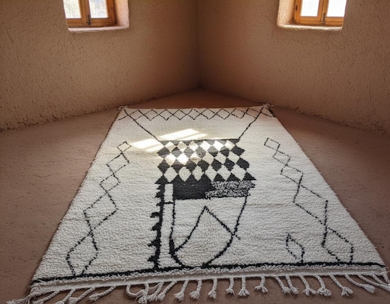 Custom Size Wool Berber Rug, Black and White Geometric Moroccan Rug, Soft Living Room & Bedroom Accent