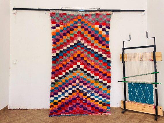 Vintage Checkered Berber Rug - Multicolor Boho Area Rug - Artisan Crafted Colorful Carpet for Retro Modern Vintage Interiors