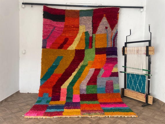 Moroccan Soft pile Wool Rainbow Rug - 10x14 Customizable Berber Boujaad Rug - Brights Bohemian Style Patchwork Rugs - Boho Hosting Decor