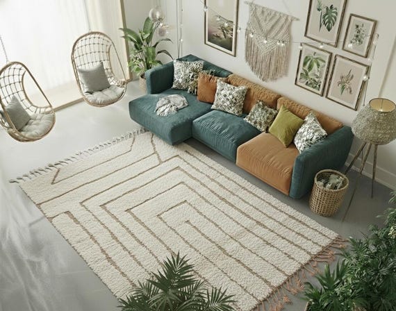 Custom Beni Ourain Wool Rug: Handmade Moroccan Berber Carpet, Abstract Design Rug in Natural White Lines