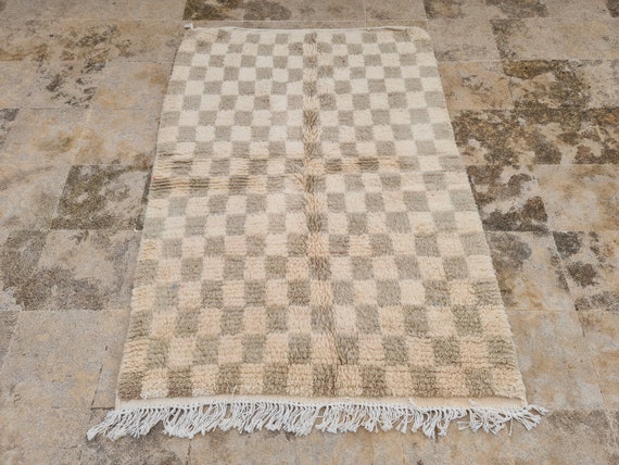 White Rug For Living Room, Wool Area Rug, Boho Rug, Beige Moroccan Rug, Handmade Rug, Custom Rug, Berber Carpet, Checker Rug For Bedroom