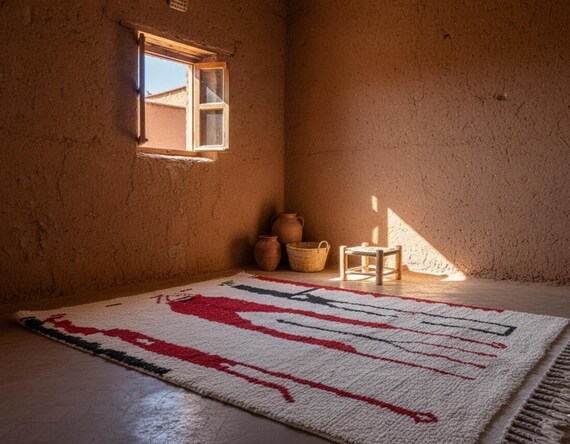 Handmade Moroccan Wool Rug, Red Black Geometric Design, Fringe Detail