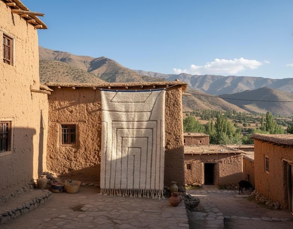 Custom Beni Ourain Rug | Handmade Moroccan Berber Carpet | Natural White Abstract Wool Rug