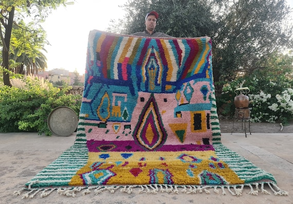 Aesthetic Colorful Azilal Rug , Living Room Tufted Wall Art , Tufted Pink Living Room Rug , Morocco Costum Azilal Rug , Large Boujaad ,