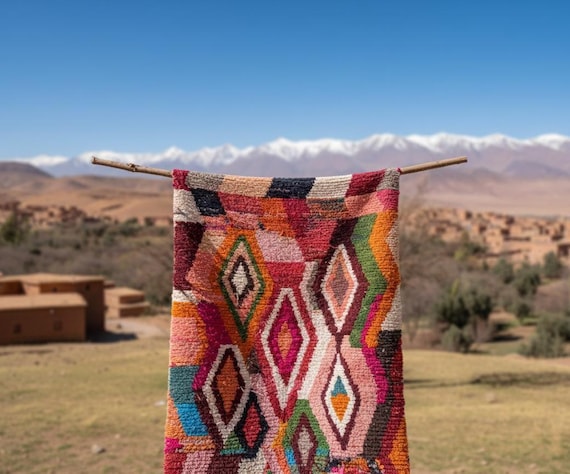 Handmade Boujaad Moroccan Area Rug 8x10 - Geometric Diamond - Pink Red Green Blue - Custom Shapes