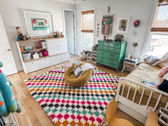 Rainbow Checkerboard Wool Rug – Colorful Retro Geometric Area Carpet – Washable Boho Rug for Living Room, Bedroom, Kitchen, Dorm