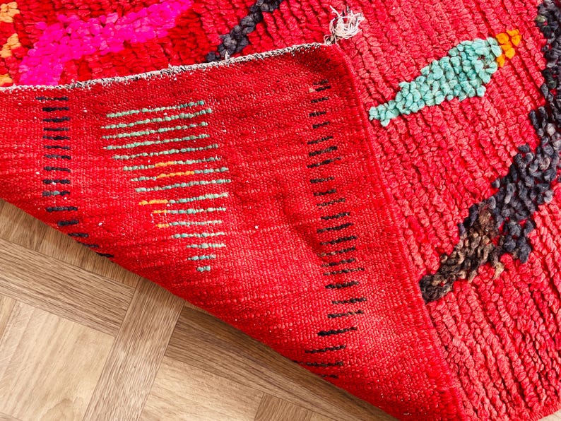 Red and Black Carpet Living Room Handmade Vintage Area Rug Wool Low