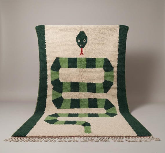 Green Snake Wool Rug, Handwoven Moroccan Rug 9x12