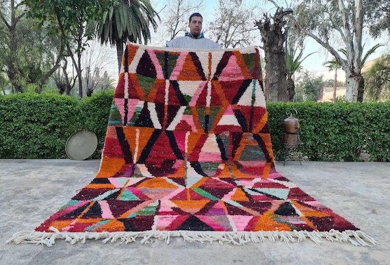 Handmade Boujad Berber Rug - Multi-Colored Geometric Carpet 6x9 - Colorful Area Rug for Modern Farmhouse Eclectic Decor, Indoor Use