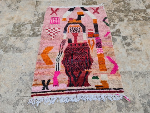 Handmade Pink Moroccan Rug: Abstract Berber Woolen Carpet