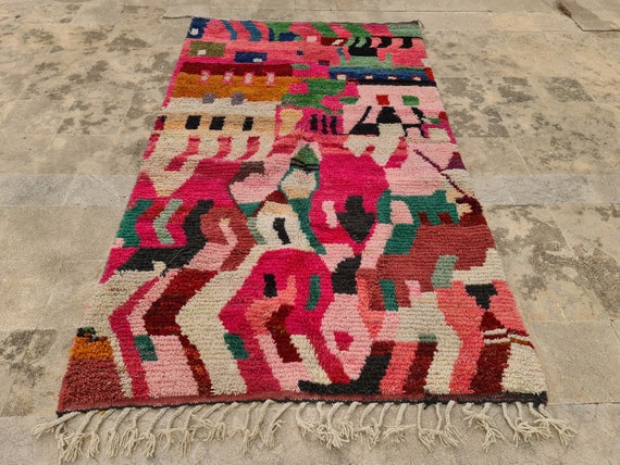Boho Chic Boujaad Rug - Handmade Green & Pink Area Rug for Living Room, Bohemian Home Decor, Perfect Gift for Her